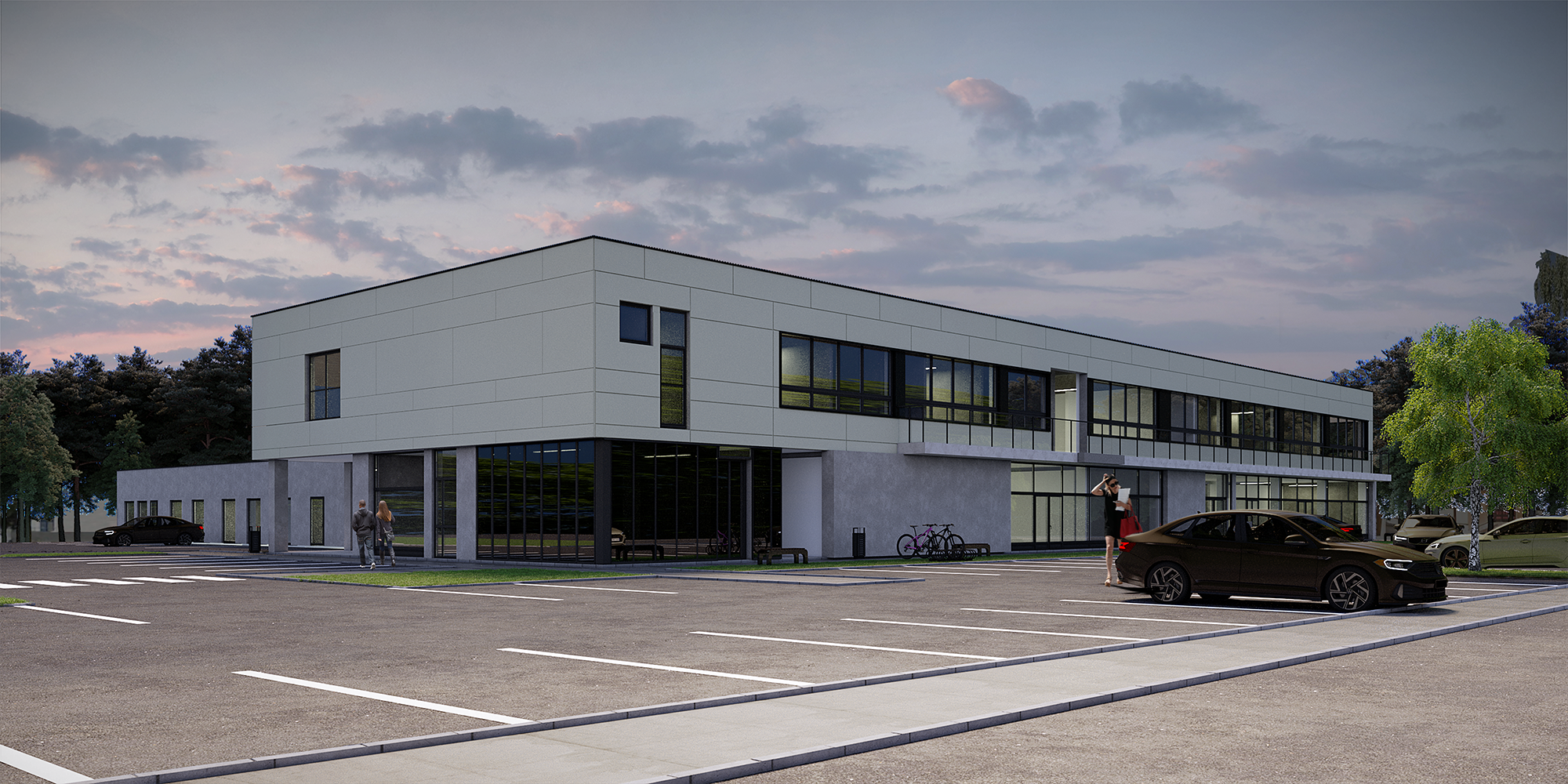 Podvečerná vizualizácia budovy BNB retail a parkovacích miest